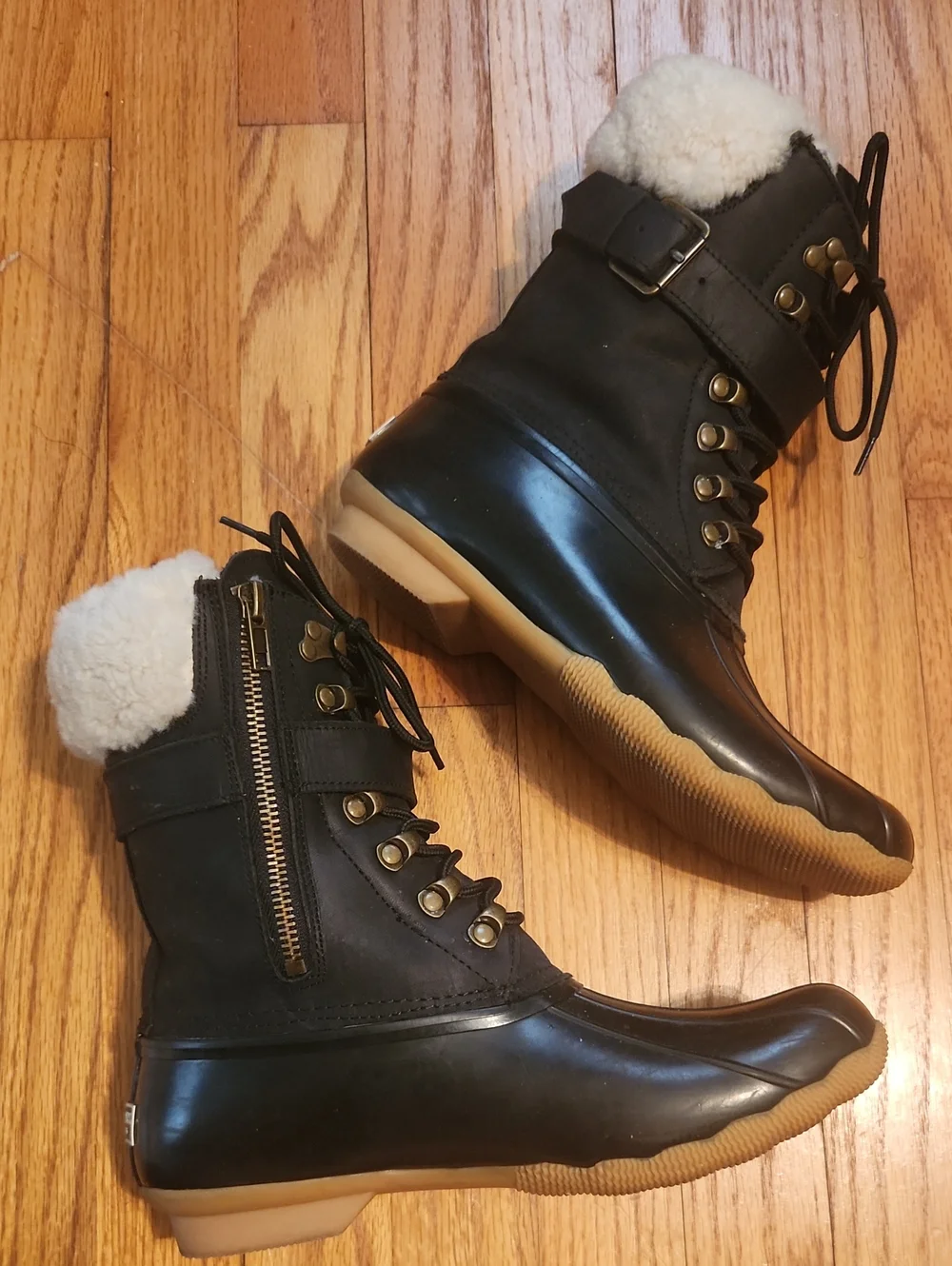 Sperry for JCREW Womens Black Waterproof Duck Boots w/ SHEEP Wool Lining size 8